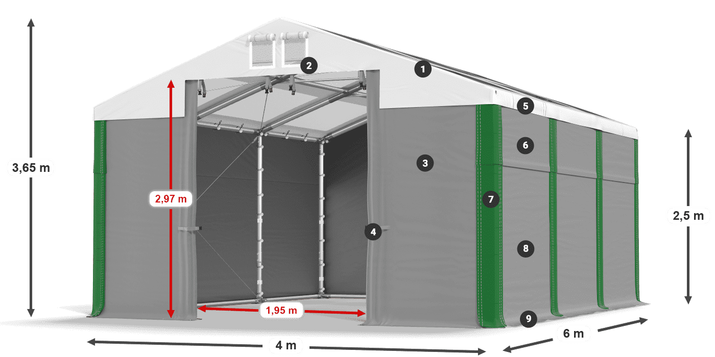 Střecha: MS T 580 PVC Stěny: SD 500 PVC 2,5 m legenda