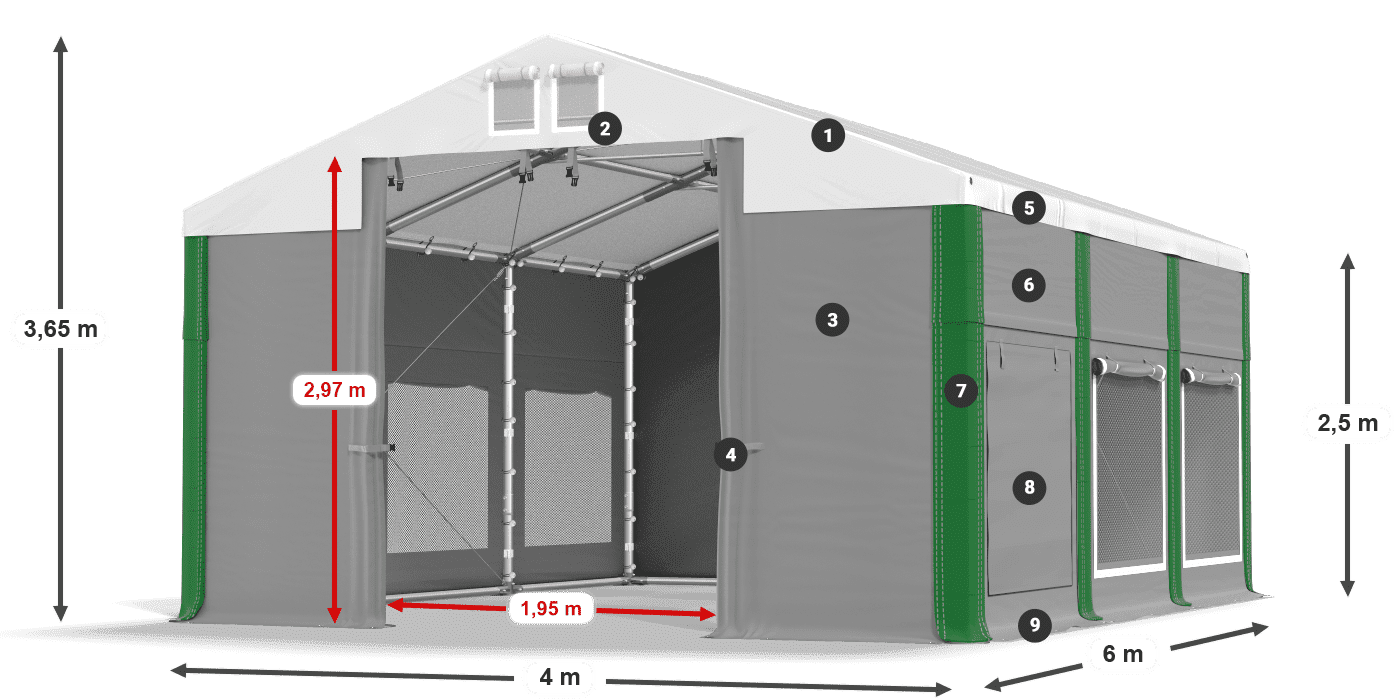 Střecha: MS 580 PVC Stěny: SD M 500 PVC 2,5 m legenda