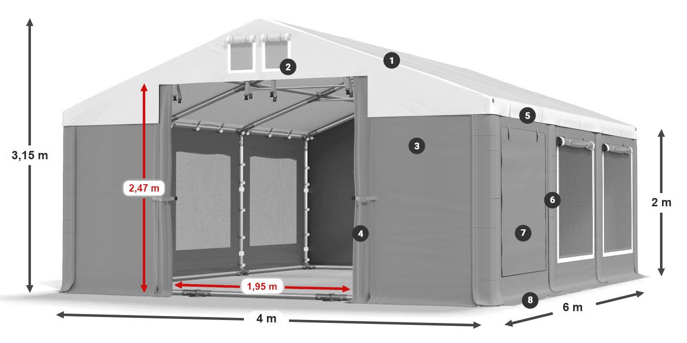 Střecha: FR 620 PVC Stěny: SD 500 PVC 2m legenda