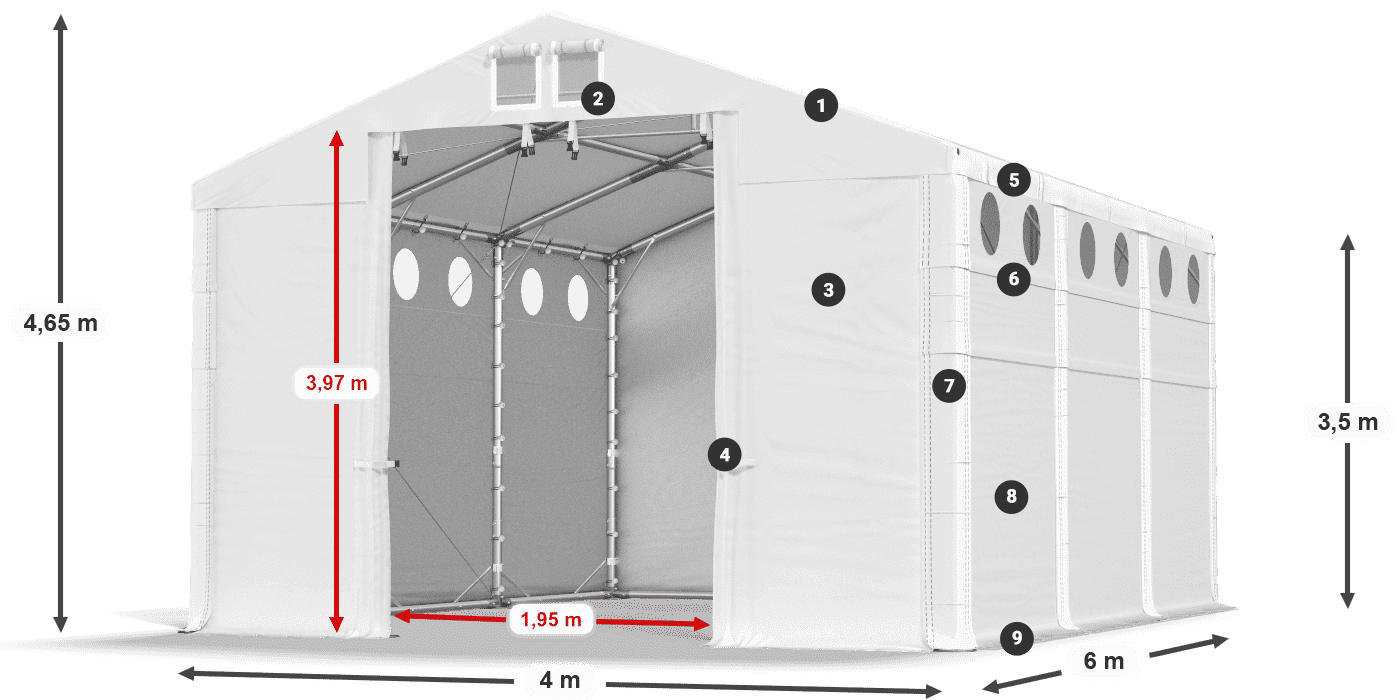 Střecha: MS 580 PVC Stěny: FR O 620 PVC 3,5m legenda