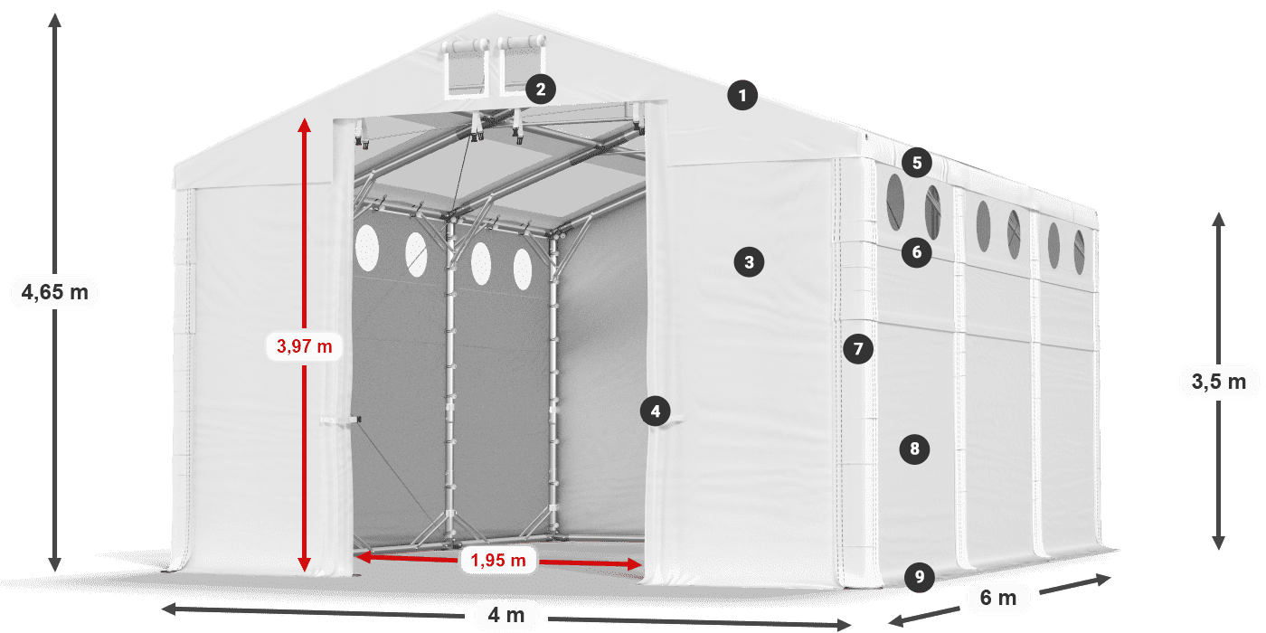 Střecha: MS T 580 PVC Stěny: FR O 620 PVC 3,5m legenda