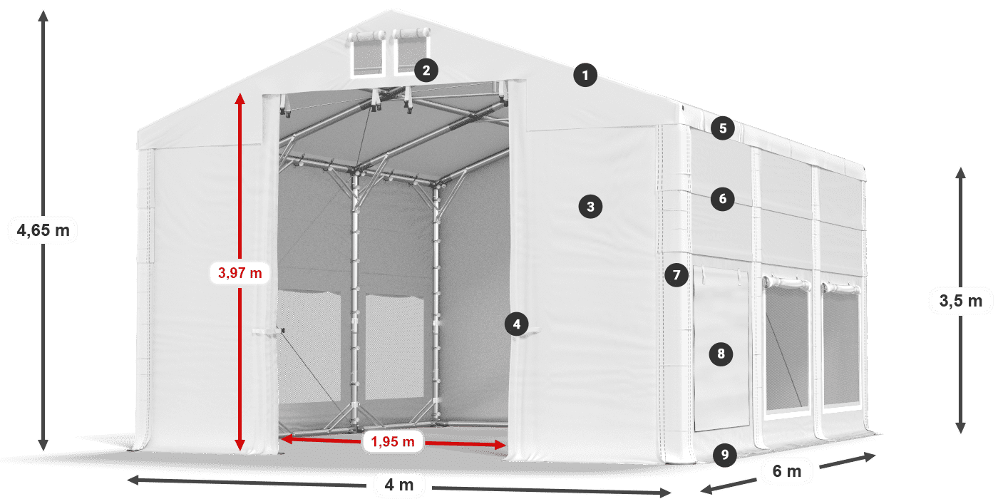 Střecha: MS 580 PVC Stěny: SD M 500 PVC 3,5m legenda