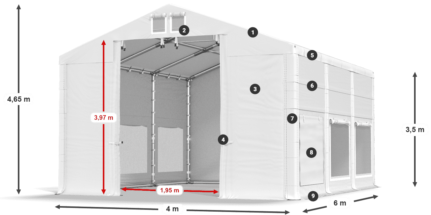Střecha: MS 580 PVC Stěny: SD M 500 PVC 3,5m legenda