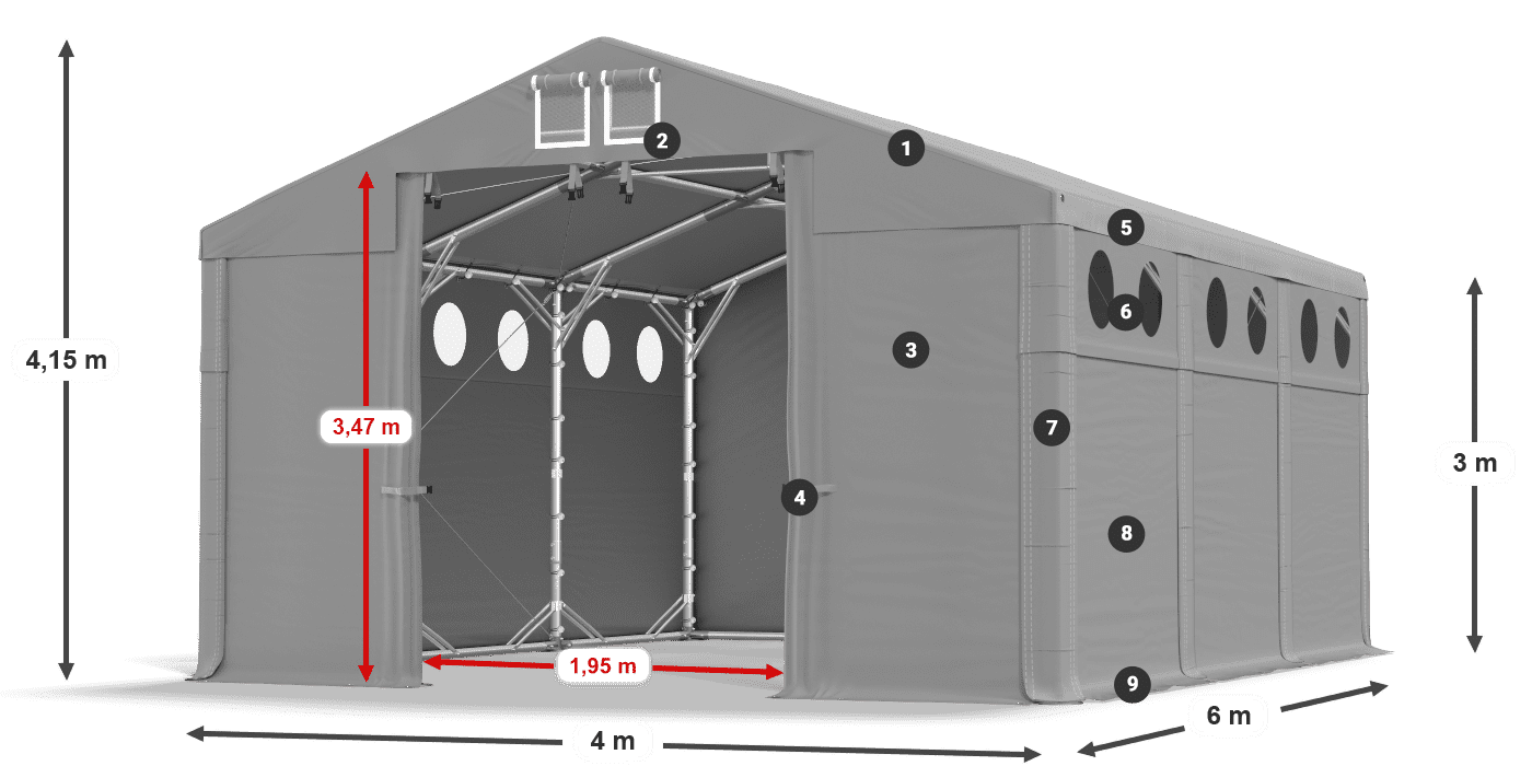Střecha: MS 580 PVC Stěny: FR O 620 PVC 3m legenda
