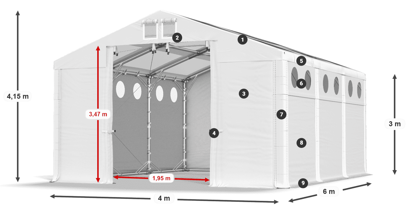 Střecha: MS T 580 PVC Stěny: FR O 620 PVC 3m legenda