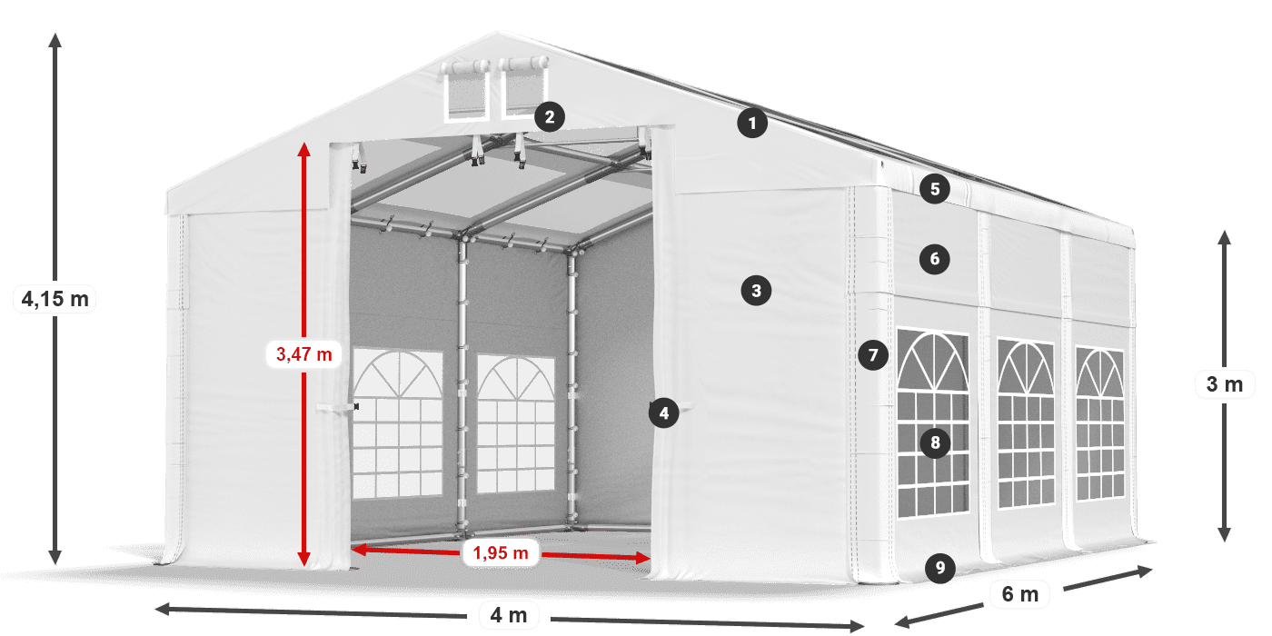 Střecha: MS T 580 PVC Stěny: FR 620 PVC 3m legenda
