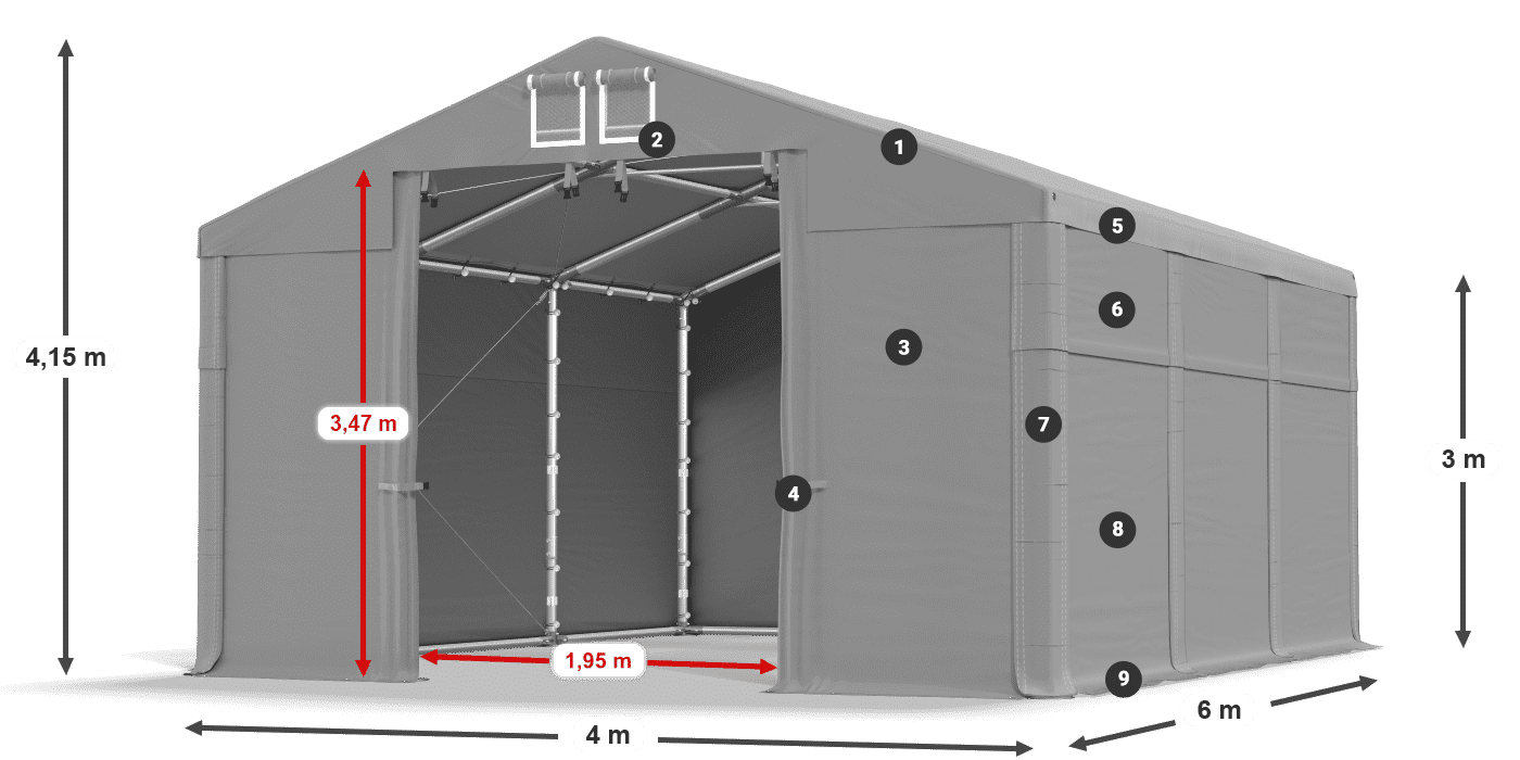 Střecha: MS 580 PVC Stěny: FR 620 PVC  3m legenda
