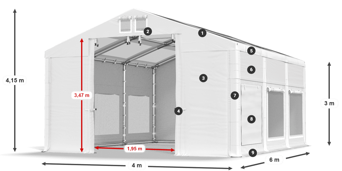 Střecha: MS T 580 PVC Stěny: SD M 500 PVC 3m legenda