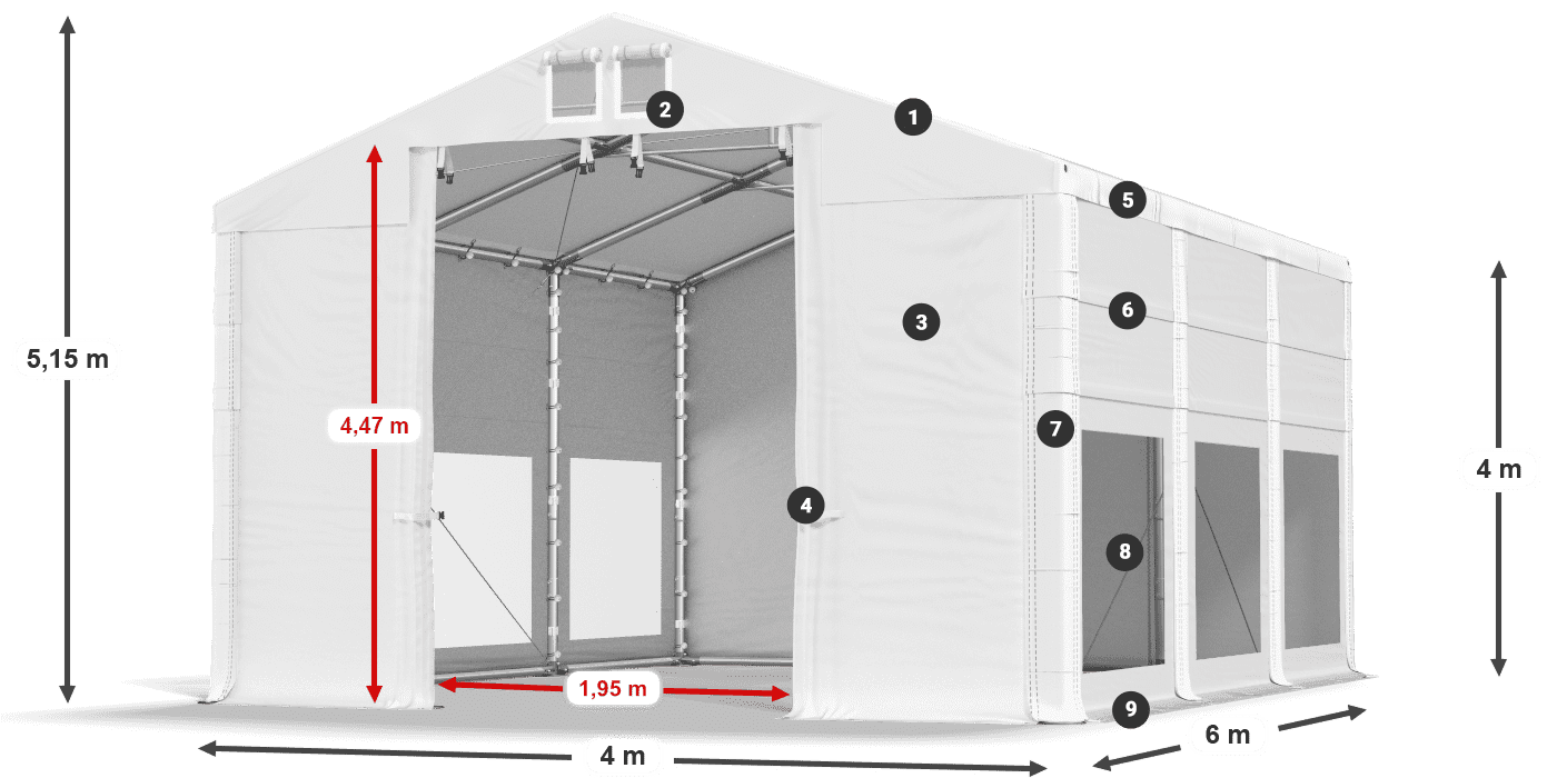 Střecha: FR 620 PVC Stěny: MS 580 PVC 4m legenda