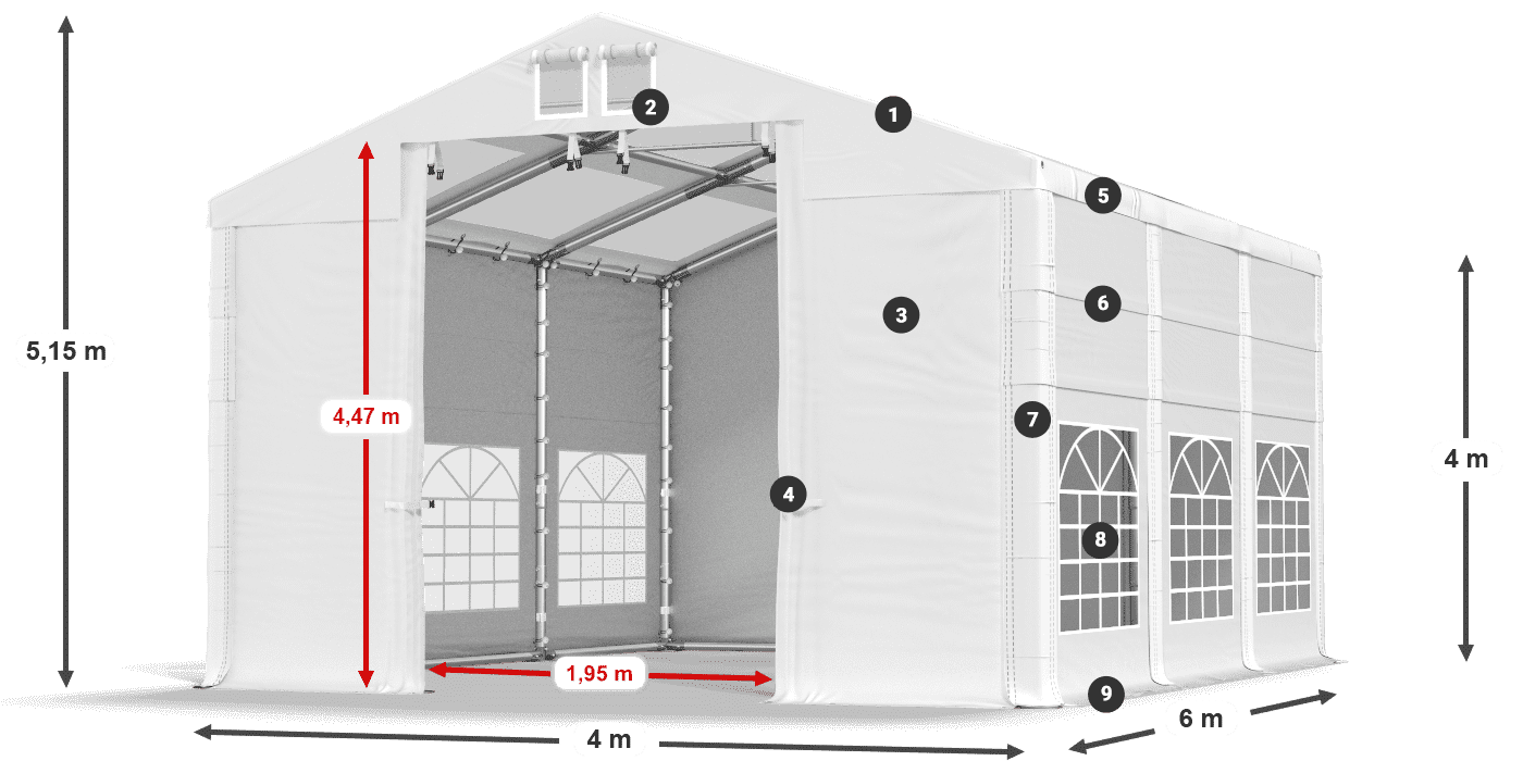Střecha: MS T 580 PVC Stěny: FR 620 PVC 4m legenda