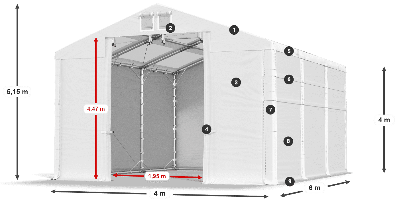 Střecha: MS T 580 PVC Stěny: SD 500 PVC 4m legenda