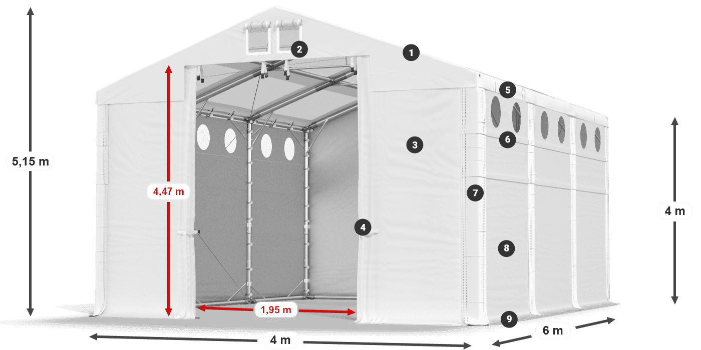 Střecha: MS T 580 PVC Stěny: SD O 500 PVC 4m legenda