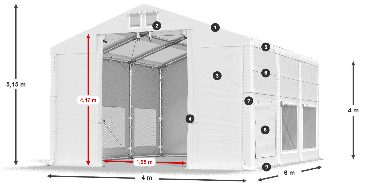 Střecha: MS T 580 PVC Stěny: SD M 500 PVC 4m legenda