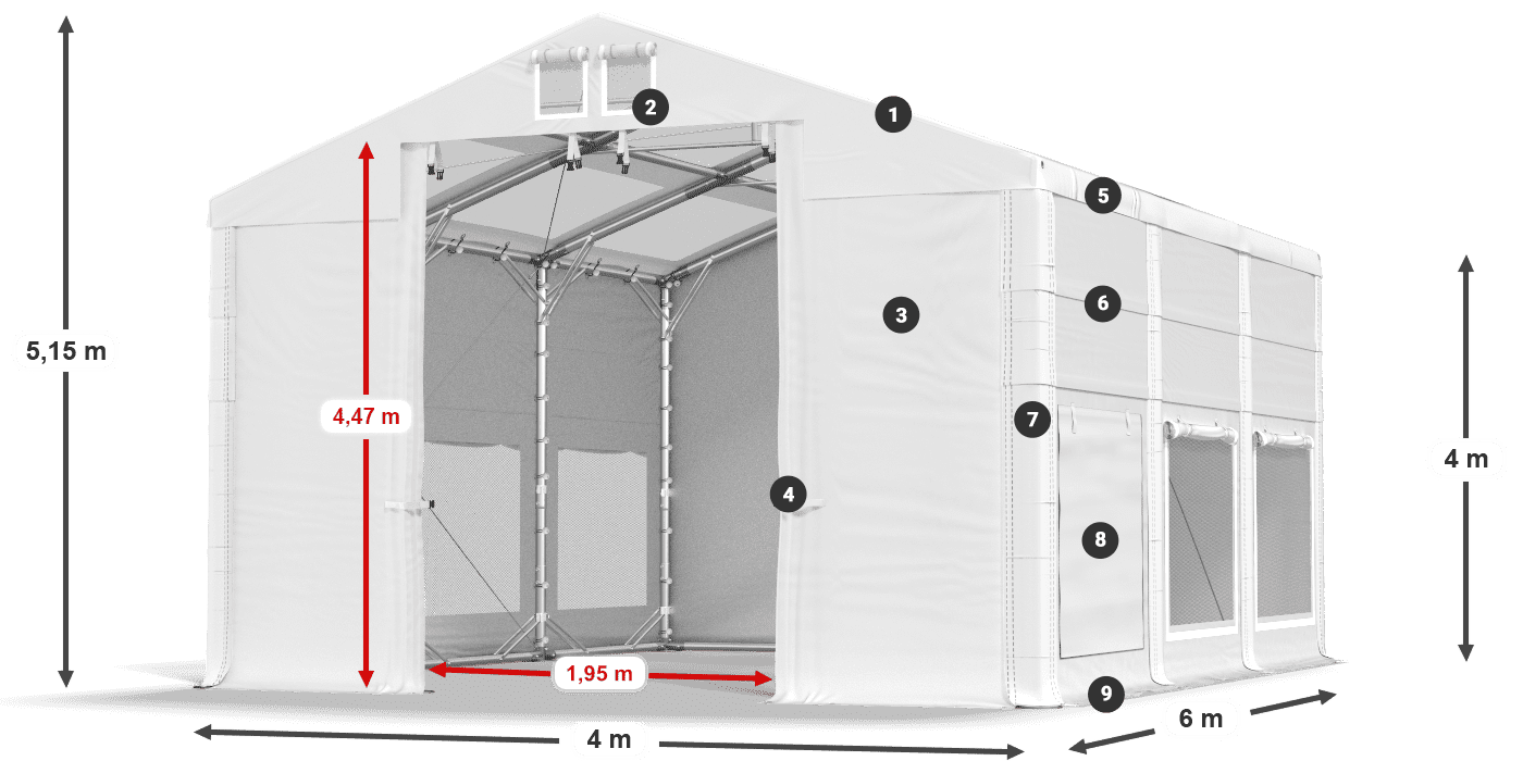 Střecha: MS T 580 PVC Stěny: SD M 500 PVC 4m legenda