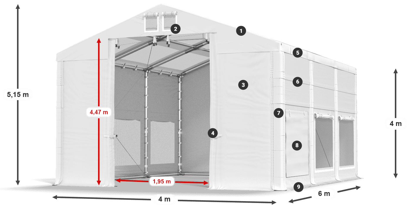 Střecha: MS T 580 PVC Stěny: SD M 500 PVC 4m legenda