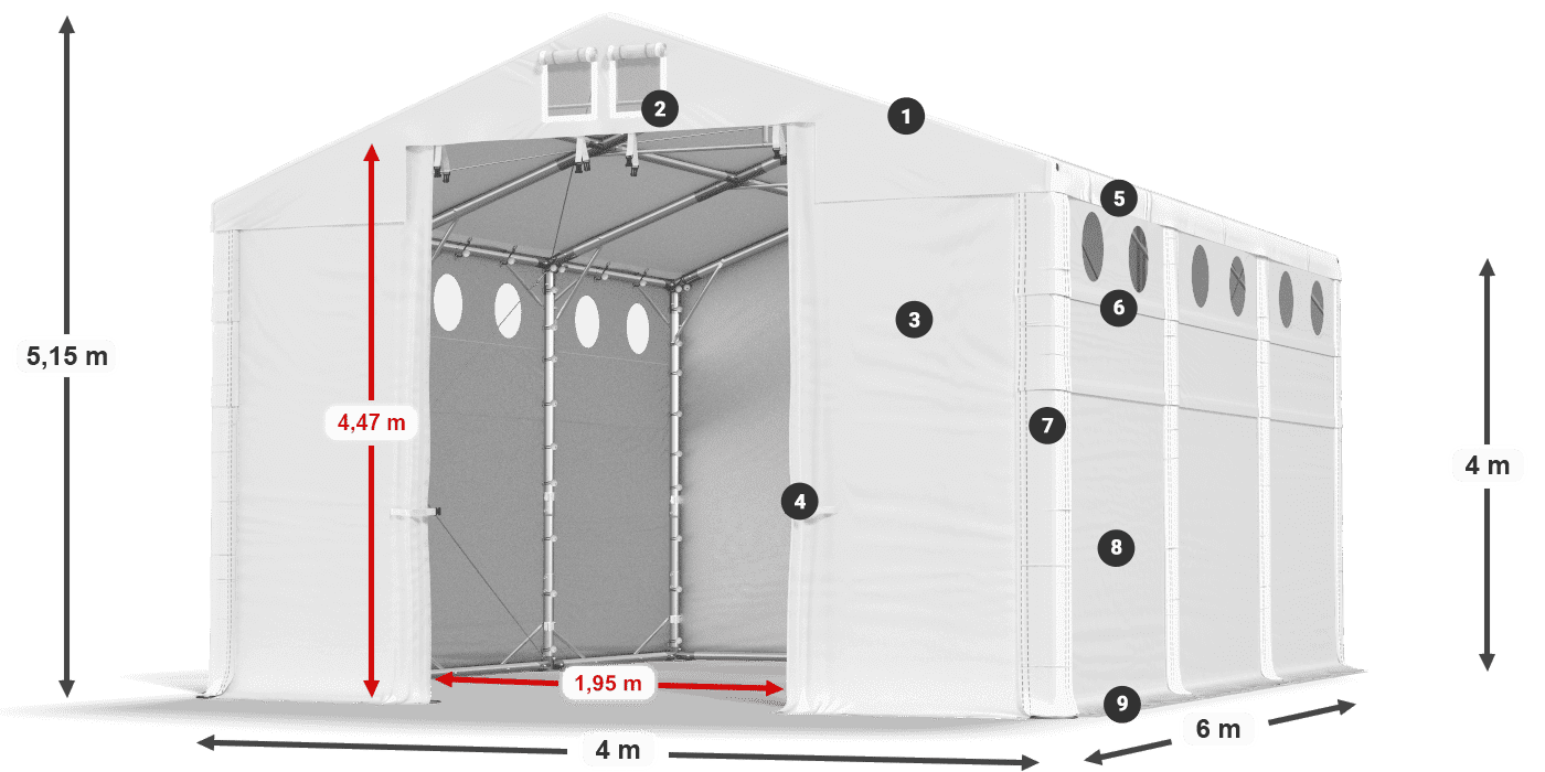 Střecha: SD 560 PVC Stěny: FR O 620 PVC legenda 4m