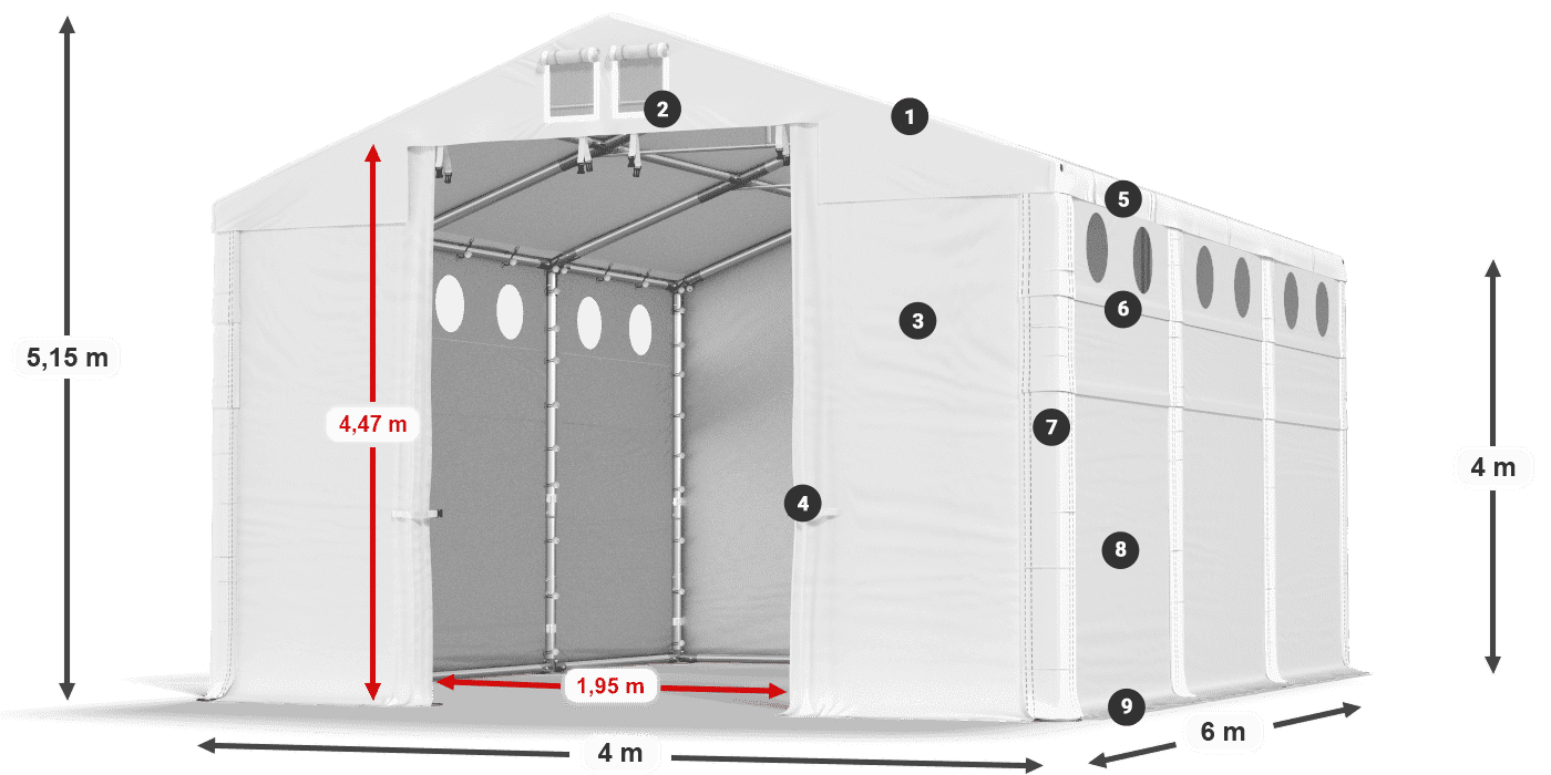 Střecha: SD 560 PVC Stěny: FR O 620 PVC legenda 4m