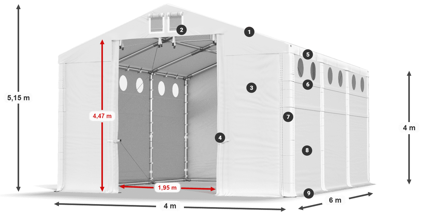 Střecha: SD 560 PVC Stěny: FR O 620 PVC legenda 4m