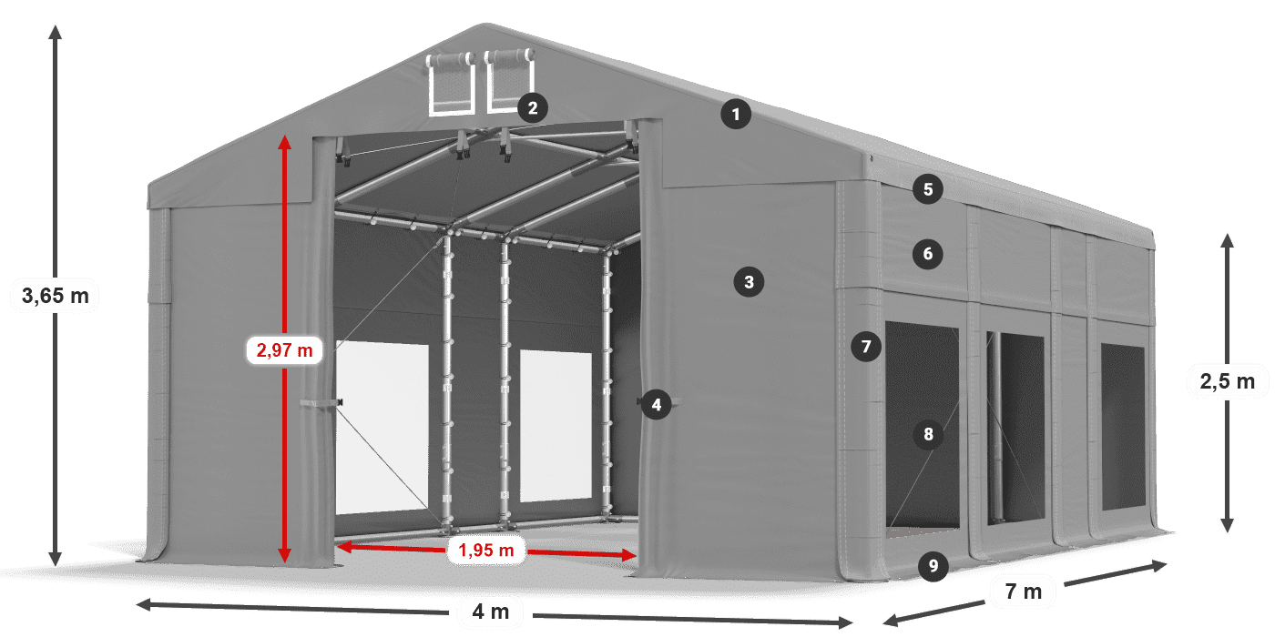 Střecha: FR 620 PVC Stěny: MS 580 PVC 2,5 m legenda