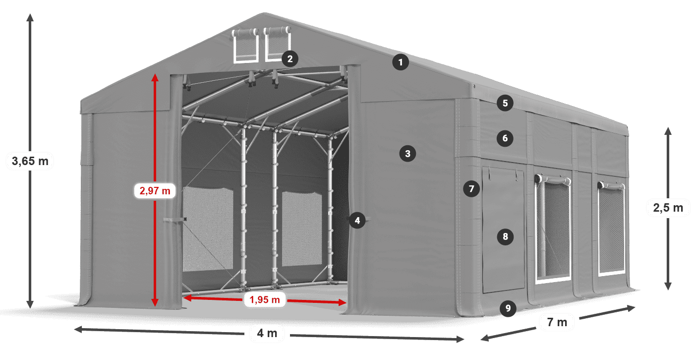 Střecha: FR 620 PVC Stěny: SD 500 PVC 2,5 m legenda