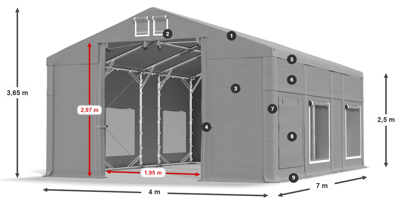 Střecha: FR 620 PVC Stěny: SD 500 PVC 2,5 m legenda