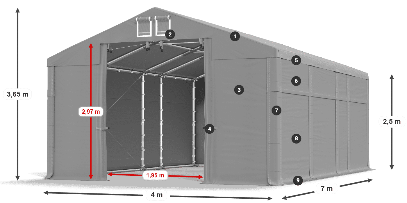 Střecha: FR 620 PVC Stěny: SD 500 PVC 2,5 m legenda