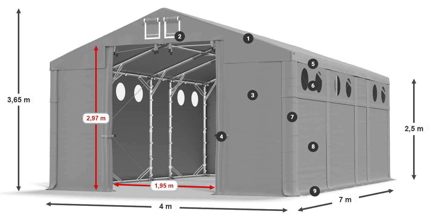 Střecha: MS 580 PVC Stěny: FR O 620 PVC 2,5 m legenda