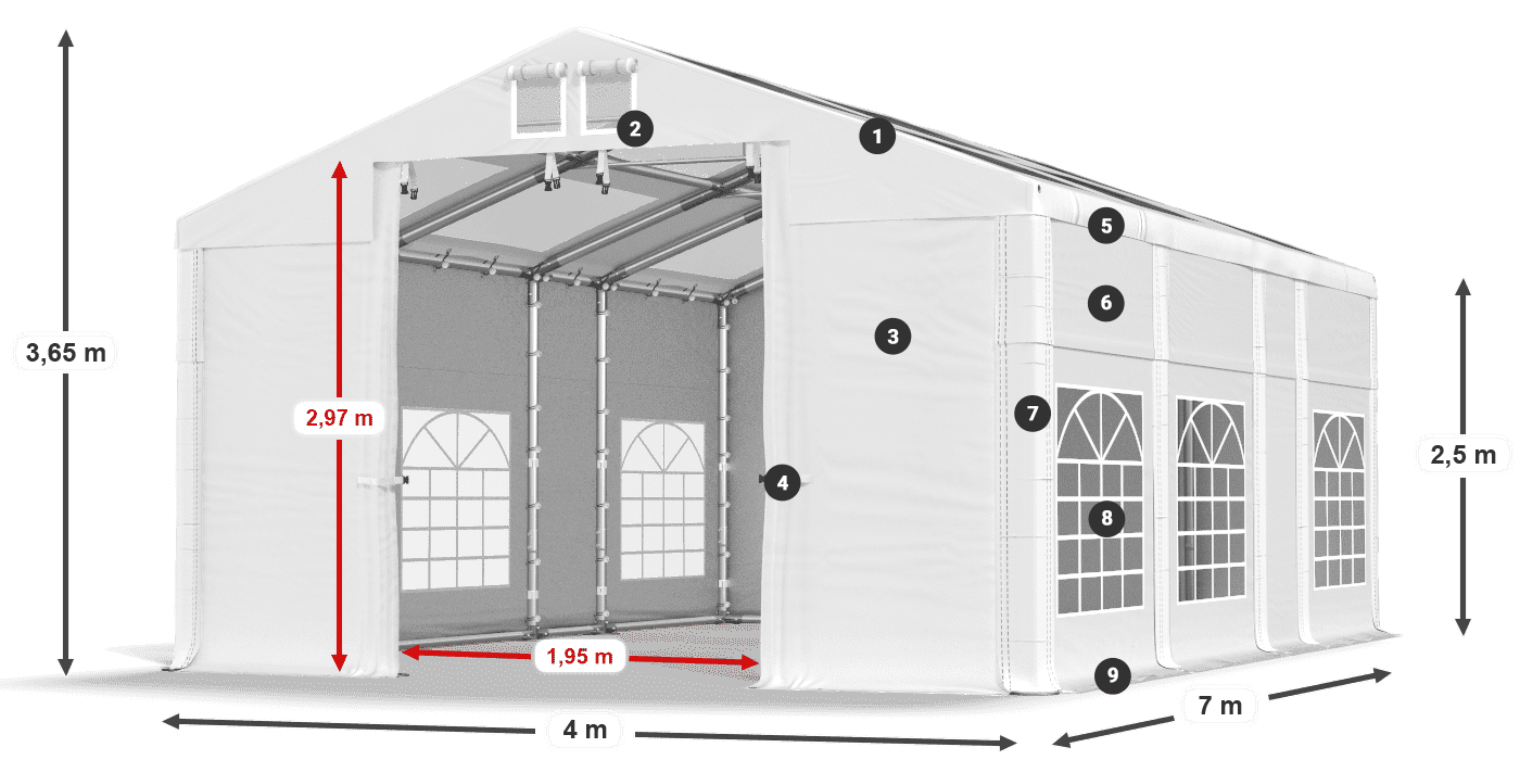 Střecha: MS T 580 PVC Stěny: FR 620 PVC 2,5 m legenda