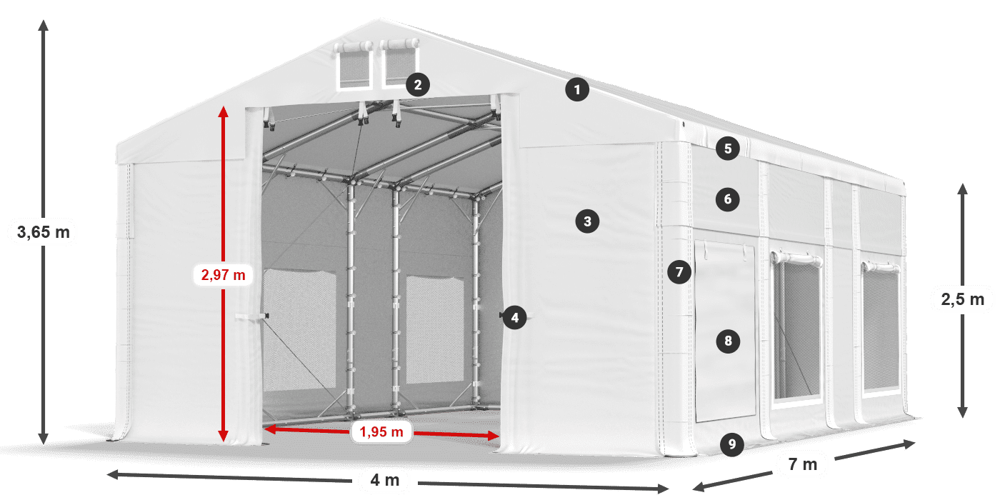 Střecha: MS 580 PVC Stěny: SD M 500 PVC 2,5 m legenda