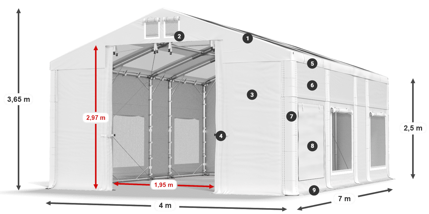 Střecha: MS T 580 PVC Stěny: SD M 500 PVC 2,5 m legenda