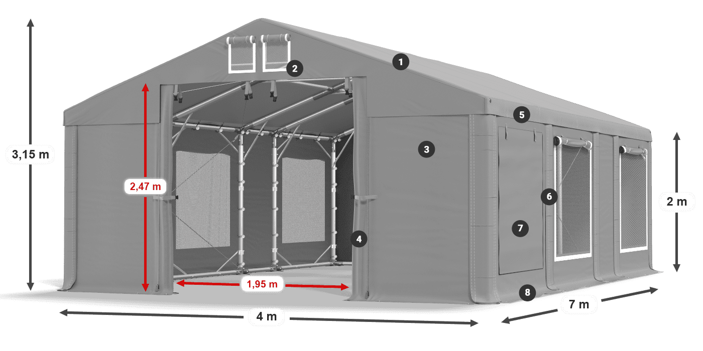 Střecha: FR 620 PVC Stěny: SD 500 PVC 2m legenda
