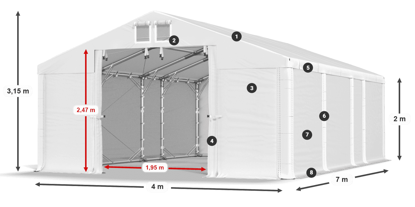Střecha: FR 620 PVC Stěny: SD 500 PVC 2m legenda