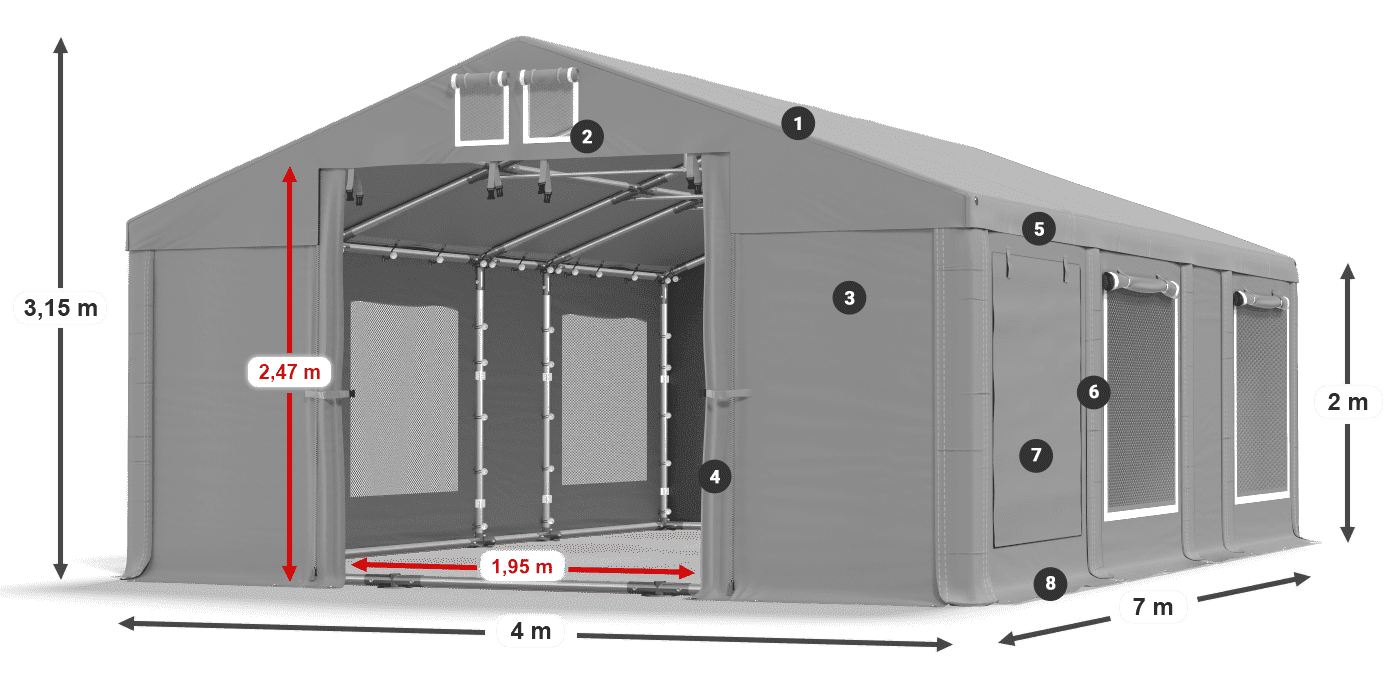 Střecha: FR 620 PVC Stěny: SD 500 PVC 2m legenda