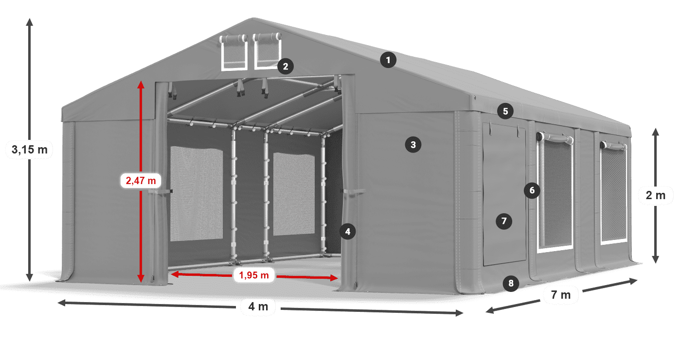Střecha: FR 620 PVC Stěny: SD 500 PVC 2m legenda