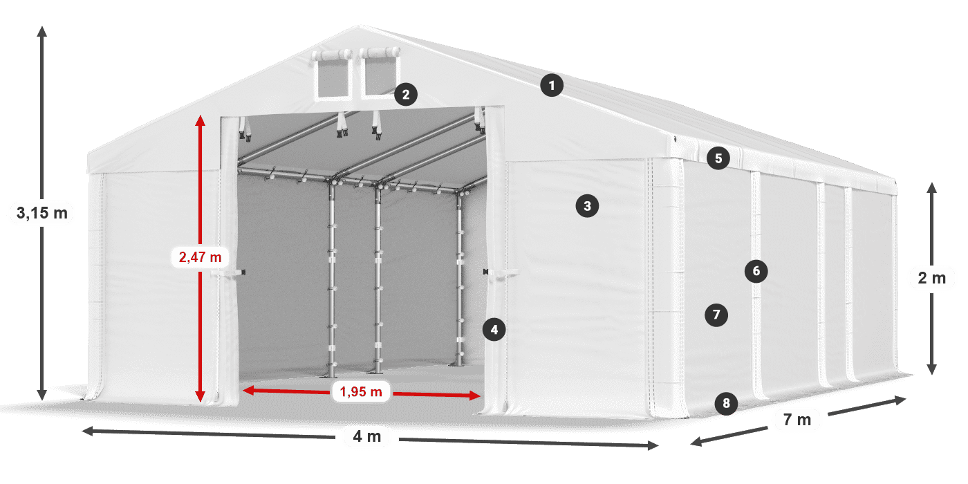Střecha: MS 580 PVC Stěny: FR M 620 PVC 2m legenda