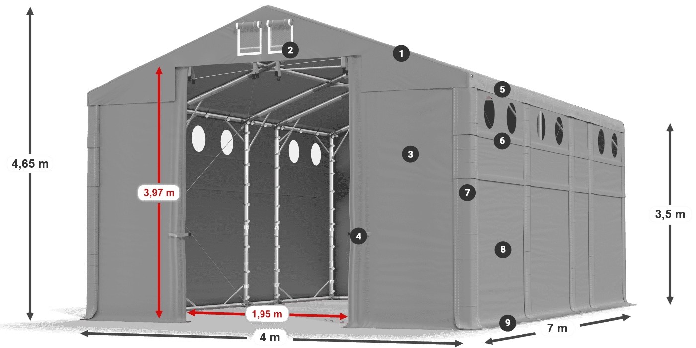 Střecha: MS 580 PVC Stěny: FR O 620 PVC 3,5m legenda