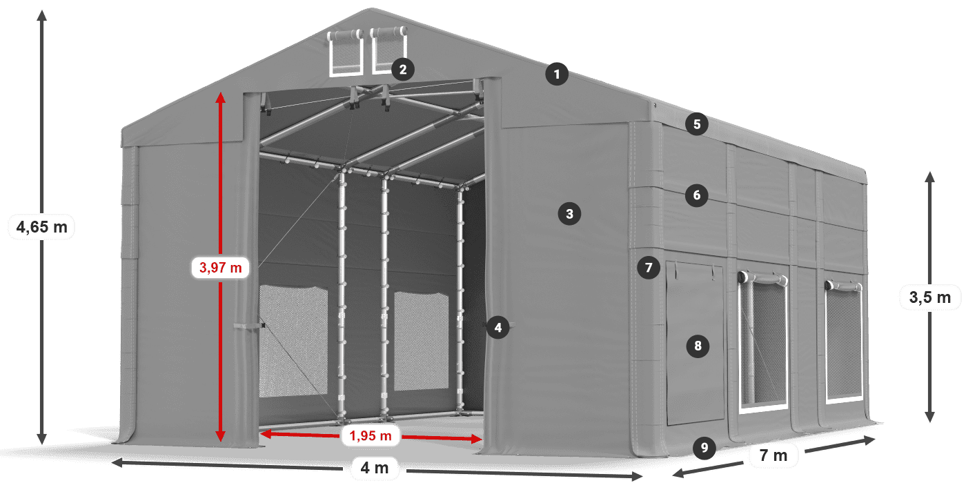 Střecha: MS 580 PVC Stěny: SD M 500 PVC 3,5m legenda