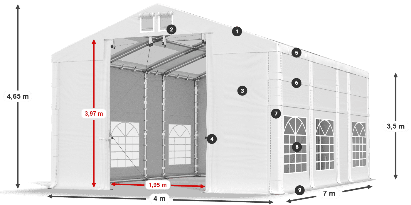 Střecha: MS T 580 PVC Stěny: SD 500 I PVC 3,5m legenda
