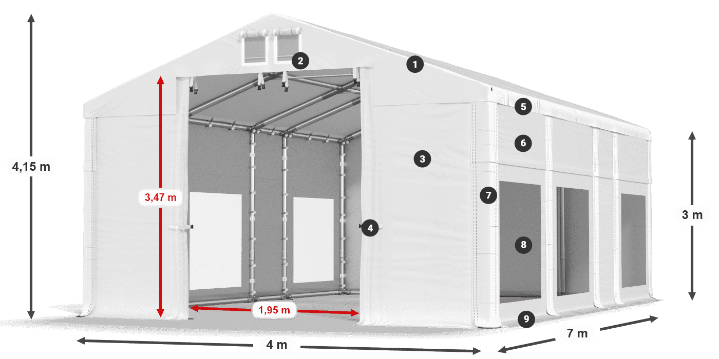 Střecha: FR 620 PVC Stěny: MS 580 PVC 3m legenda