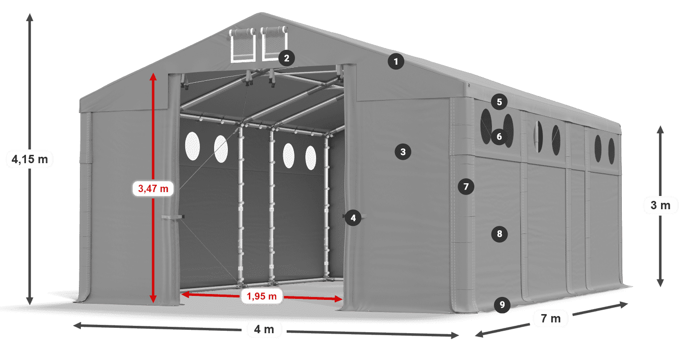 Střecha: FR 620 PVC Stěny: MS O 580 PVC 3m legenda