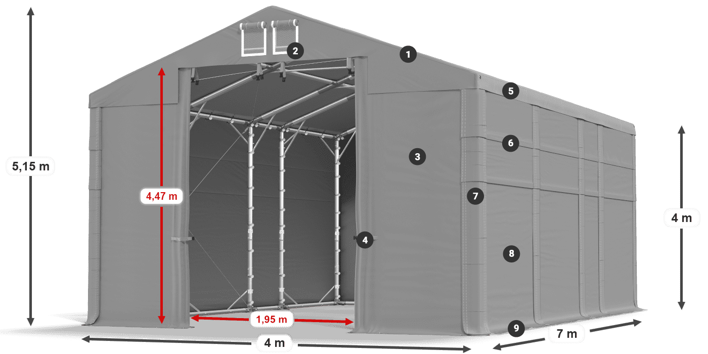 Střecha: FR 620 PVC Stěny: MS 580 PVC 4m legenda