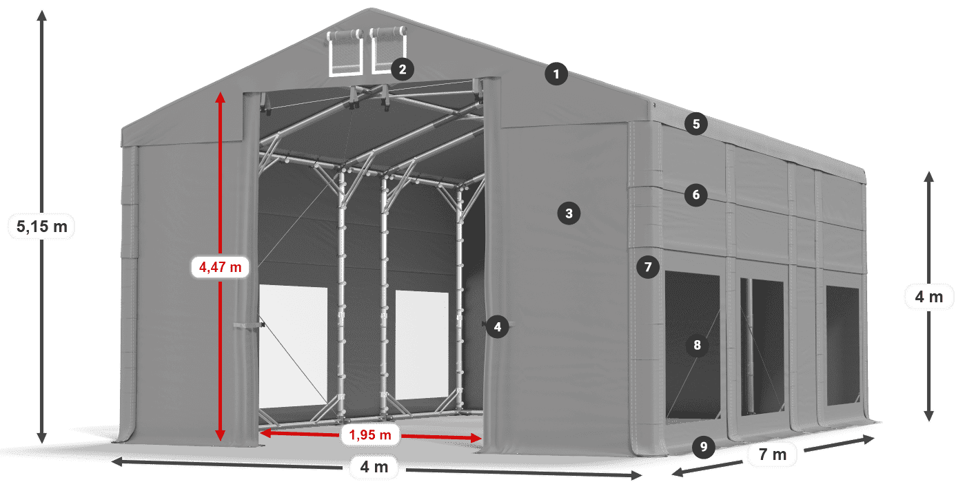 Střecha: FR 620 PVC Stěny: MS 580 PVC 4m legenda