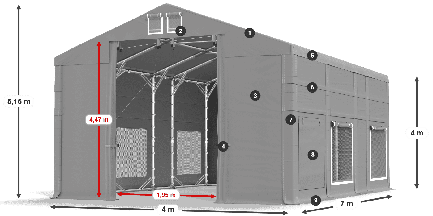 Střecha: FR 620 PVC Stěny: SD 500 PVC 4m legenda