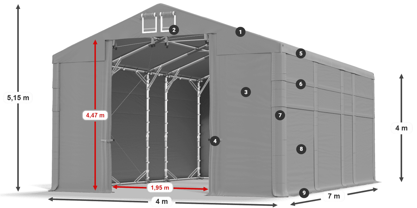 Střecha: MS 580 PVC Stěny: FR 620 PVC 4m legenda