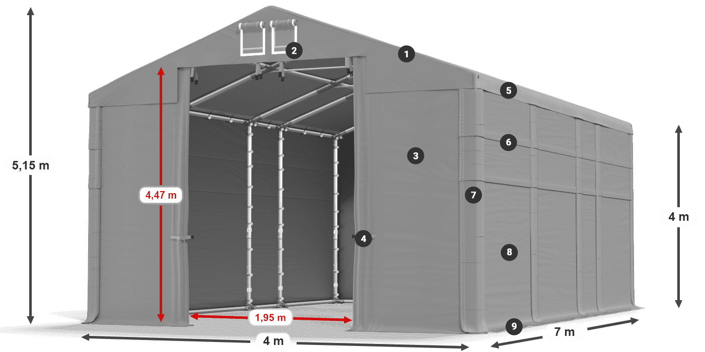 Střecha: MS 580 PVC Stěny: FR 620 PVC 4m legenda