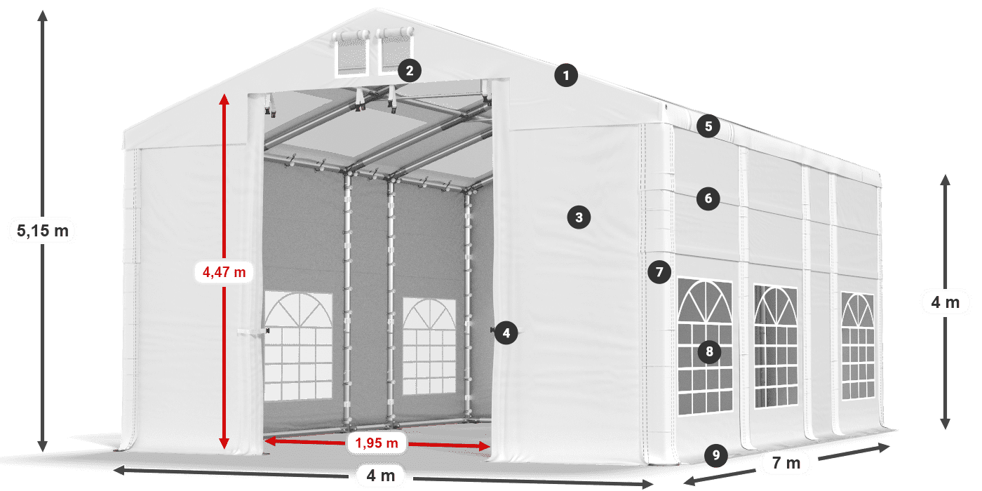 Střecha: MS T 580 PVC Stěny: FR 620 PVC 4m legenda