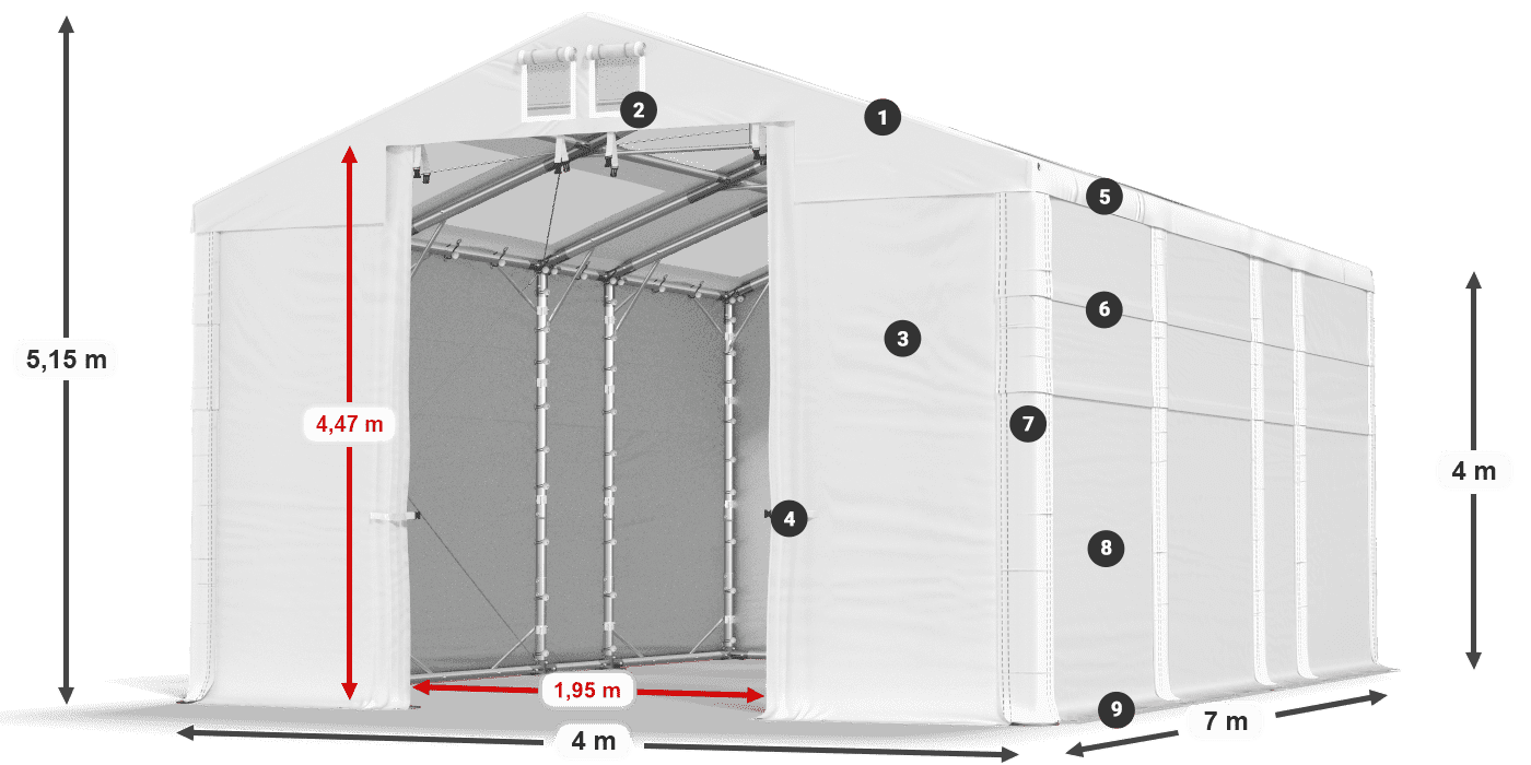 Střecha: MS T 580 PVC Stěny: SD 500 PVC 4m legenda