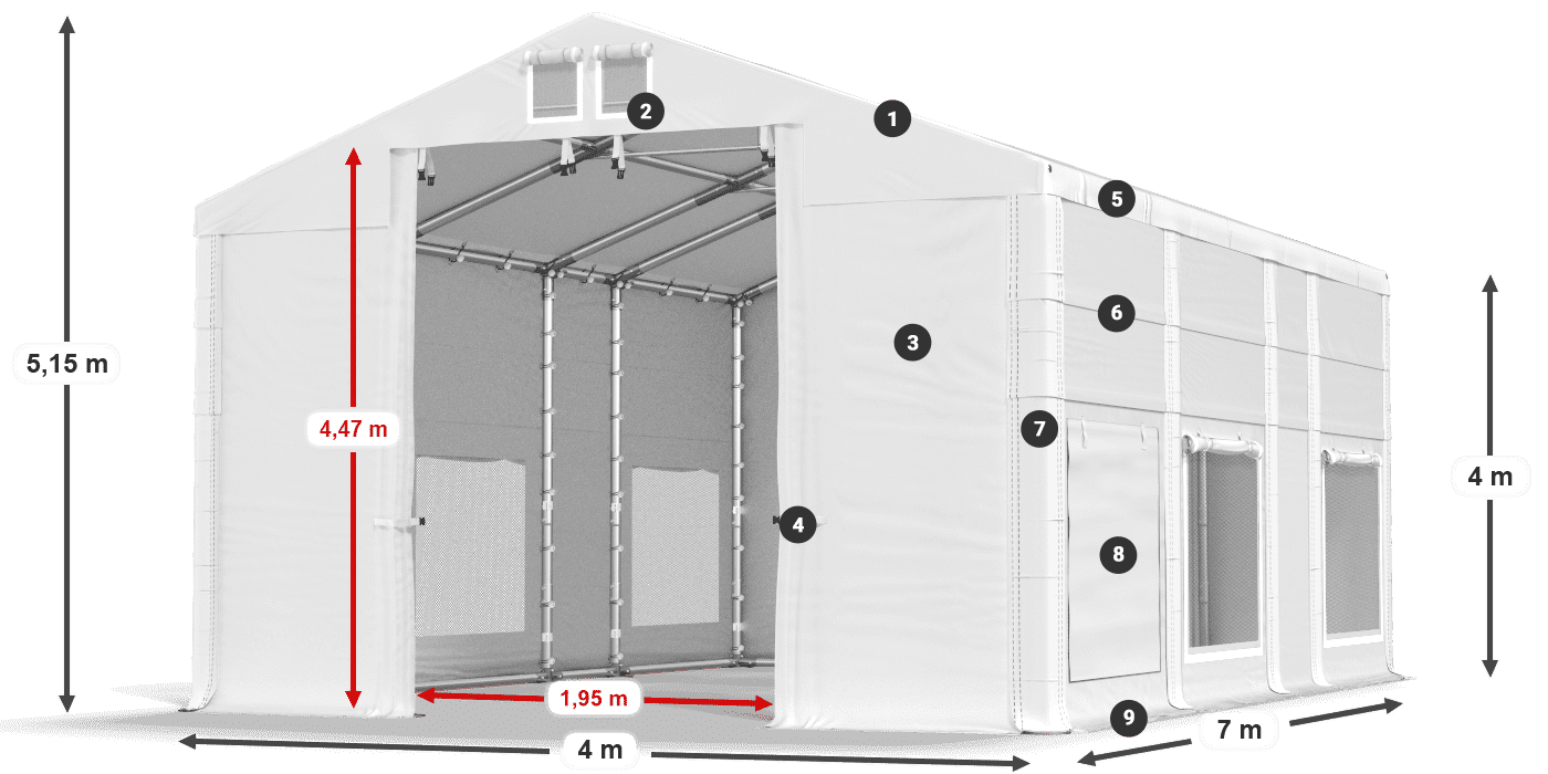 Střecha: MS 580 PVC Stěny: SD M 500 PVC 4m legenda