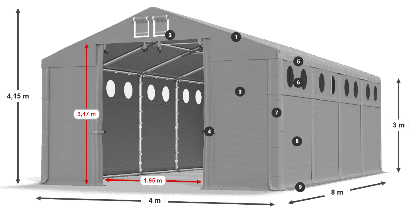 Střecha: FR 620 PVC Stěny: MS O 580 PVC 3m legenda