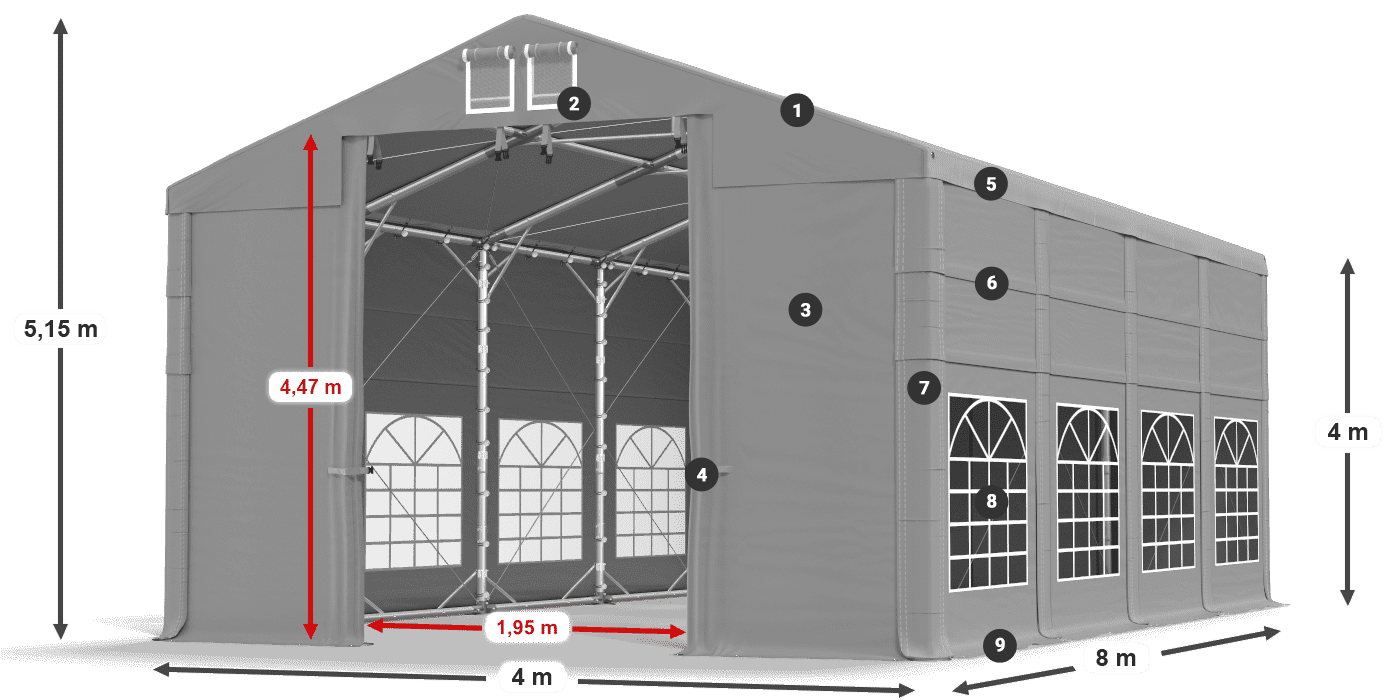 Střecha: FR 620 PVC Stěny: SD 500 PVC 4m legenda